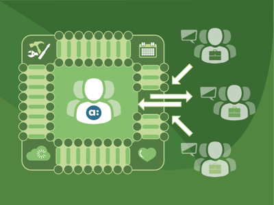 Employee within a web of other tools and team members. Illustration. Employee within a web of other tools and team members. Illustration.