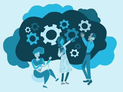 Three employees working together in a cloud of gears. Illustration. Three employees working together in a cloud of gears. Illustration.