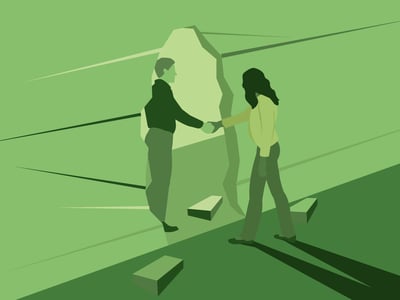 Person reaching through a broken hole in a wall to help another person walk through. Illustration. Person reaching through a broken hole in a wall to help another person walk through. Illustration.