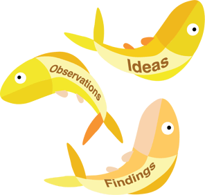 Three fish labeled ideas, observations, and findings