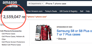 Screen shot of 2.5 million iphone case search results on amazon