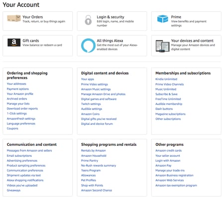 Amazon general account settings menu
