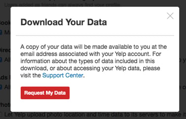 Download your data Yelp screen