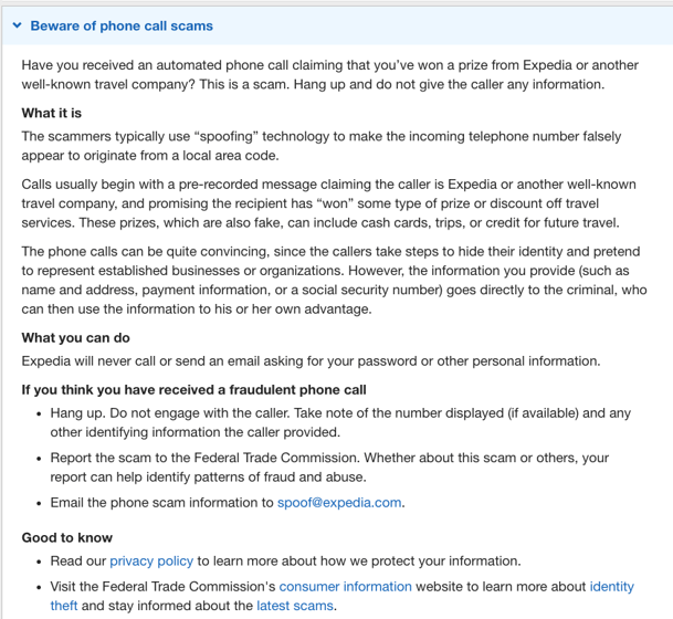 Expedia information about phone call scams