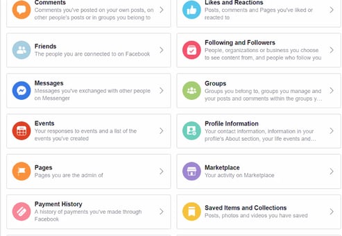 Facebook menu with colorful icons