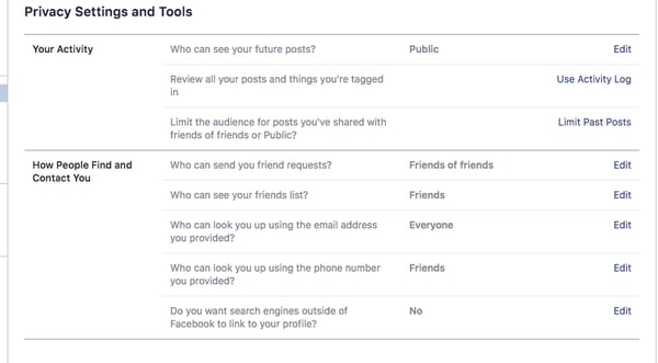 Facebook privacy settings and tools menu