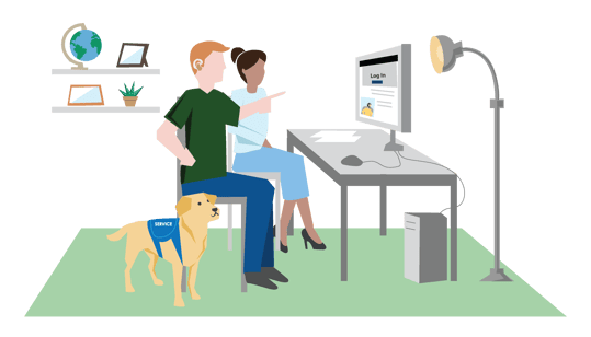 Man with hearing aid and service dog participating in research