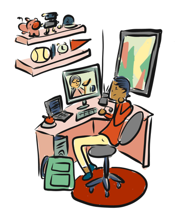 Teen boy in his bedroom on a research session