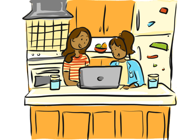 Two sisters on their laptop at the kitchen counter