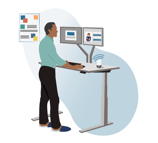 Illustration of a man at a standing desk speaking into a smart speaker