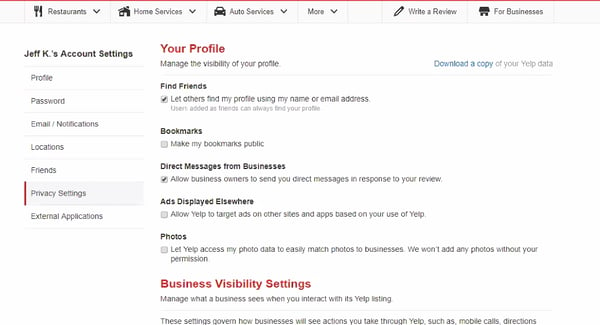 Yelp privacy settings menu