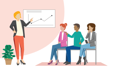 Woman presenting to three new hires in a training