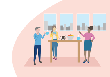 Three people gathering around the table drinking coffee in the office