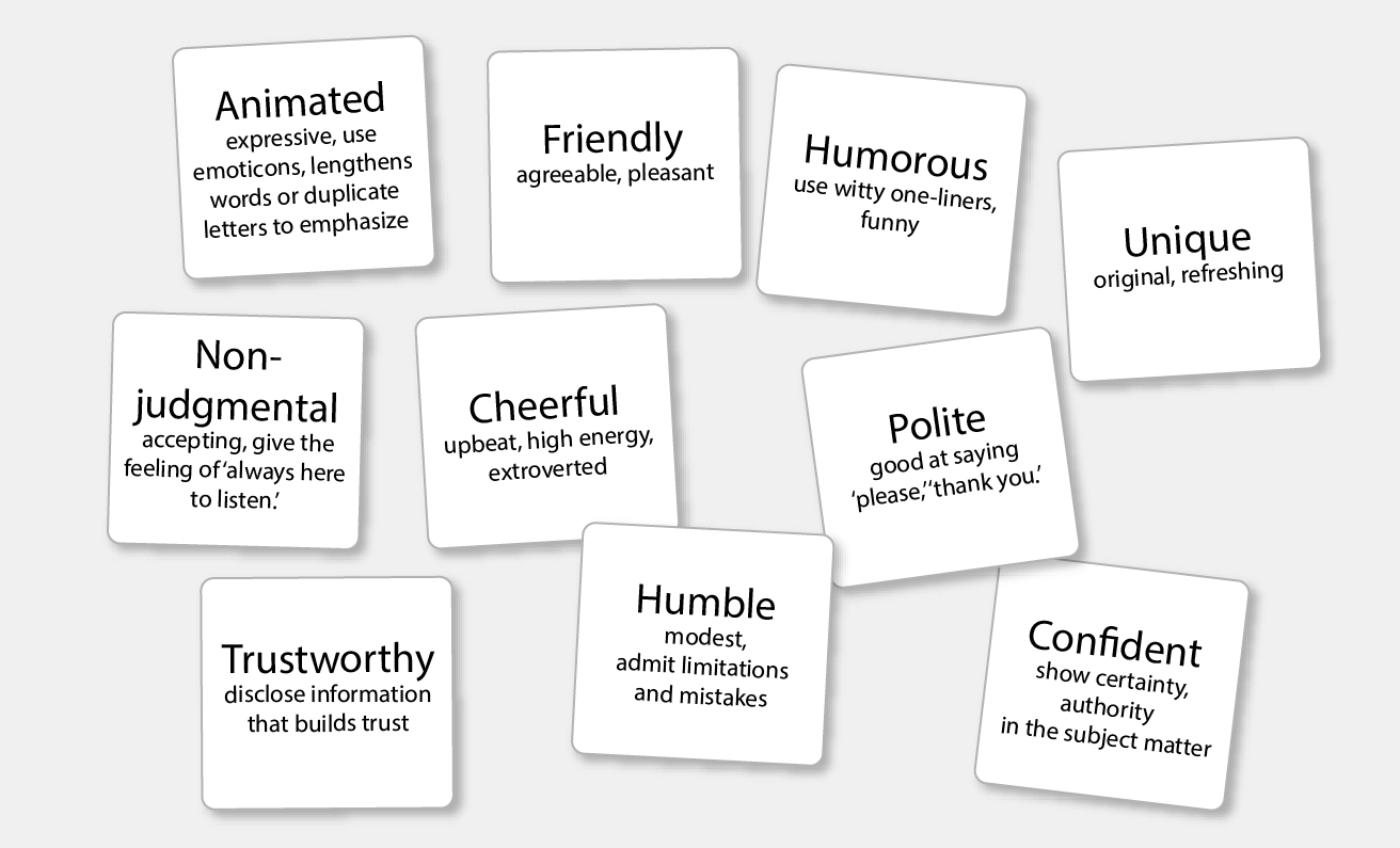 personality trait cards: Animated, Friendly, Humorous, Unique, Non-judgemental, Cheerful, Polite, Trustworthy, Humble, Confident