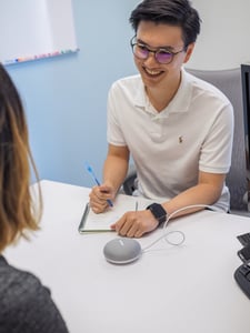 smiling researcher during session