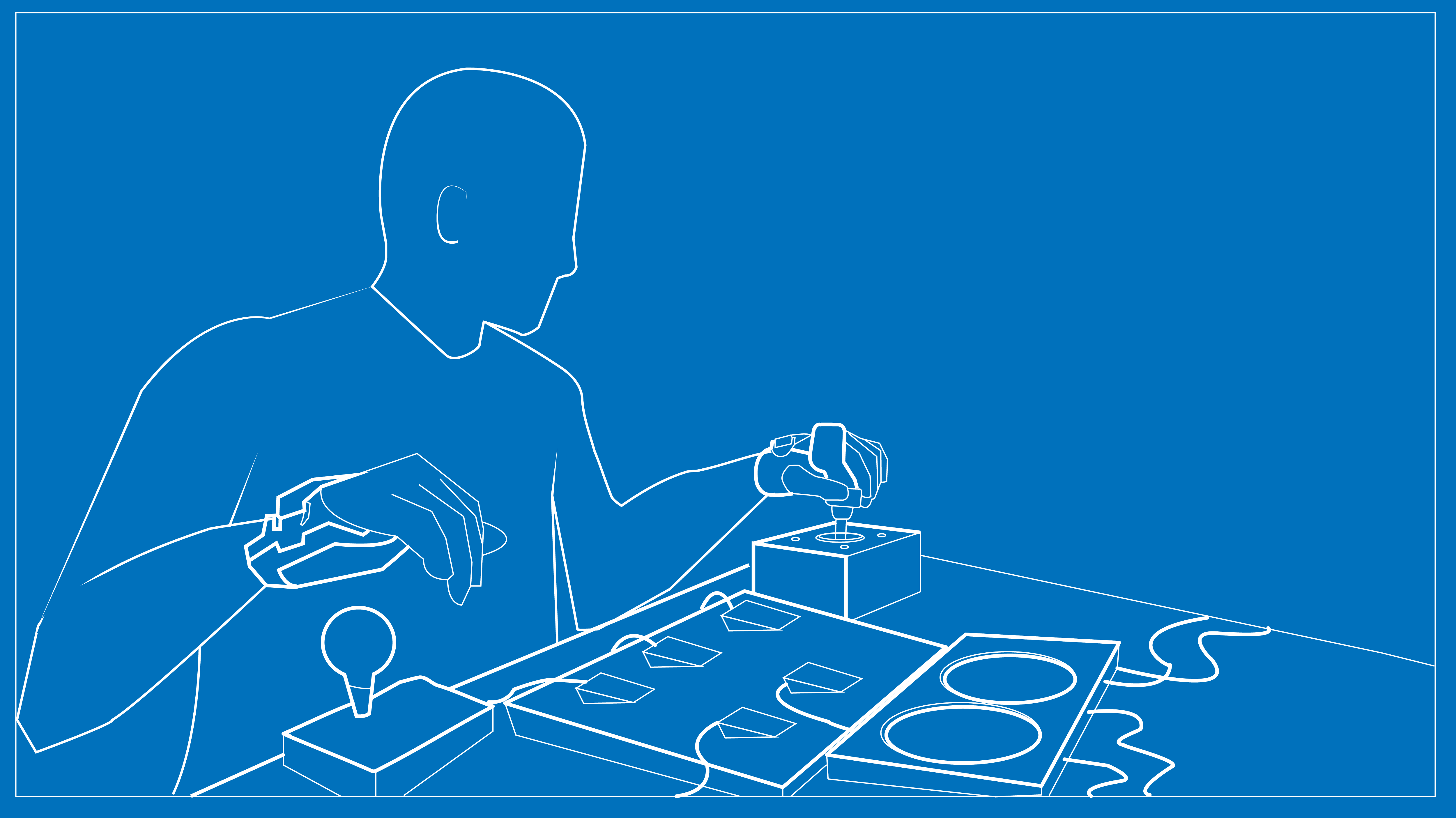 Blueprint illustration of person using Xbox Adaptive Controller set-up