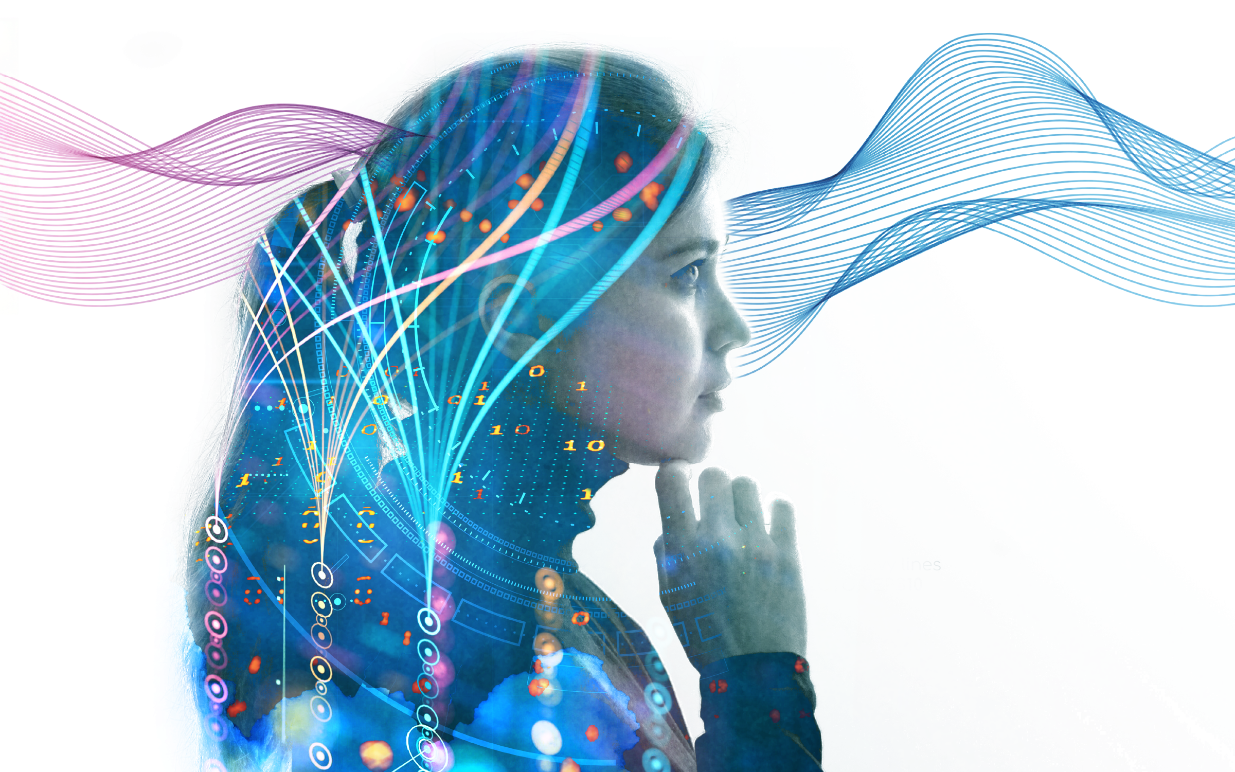 A woman in profile overlaid with digital data streams and waveforms, symbolizing AI technology.