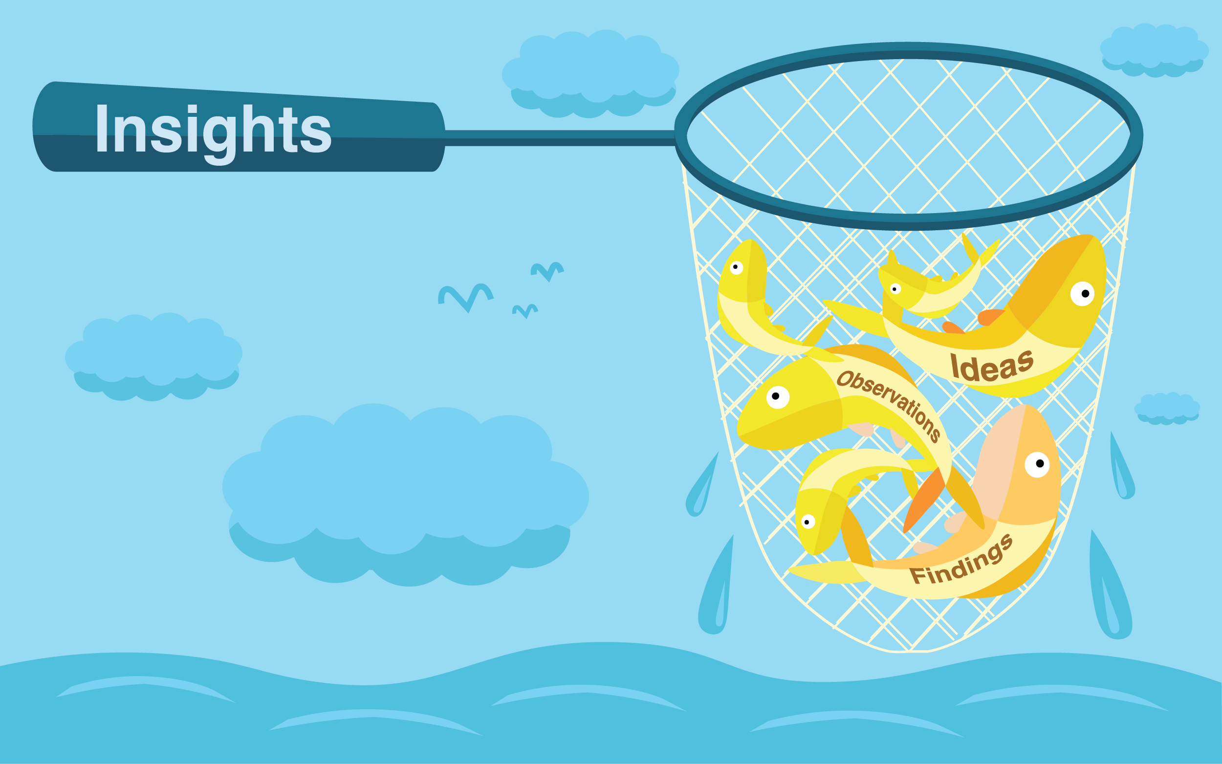 Fishing net labeled "Insights" with fish caught in it with labels including, "ideas" "findings" and "observations"