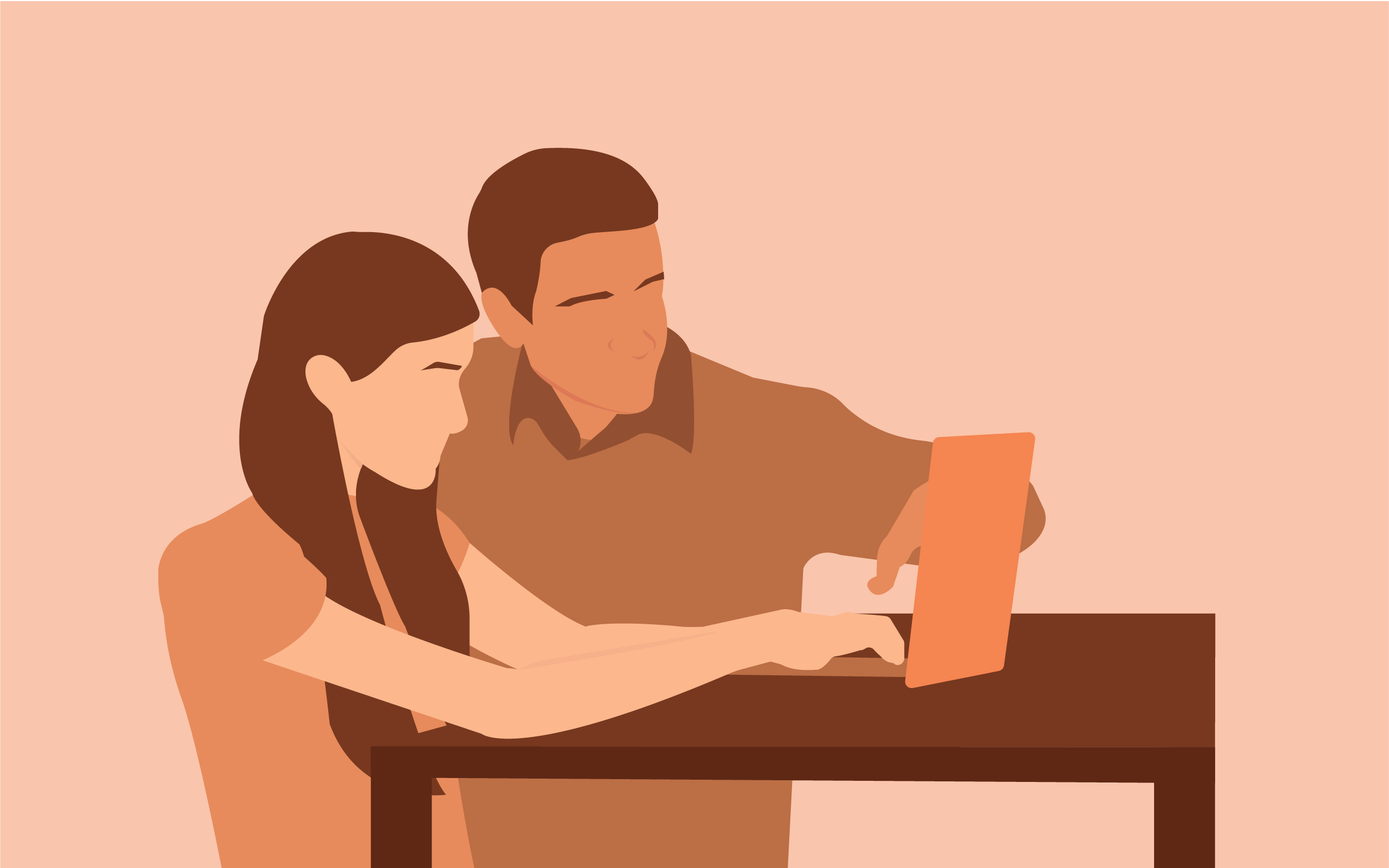 Man helping teenage daughter at the computer. Illustration.