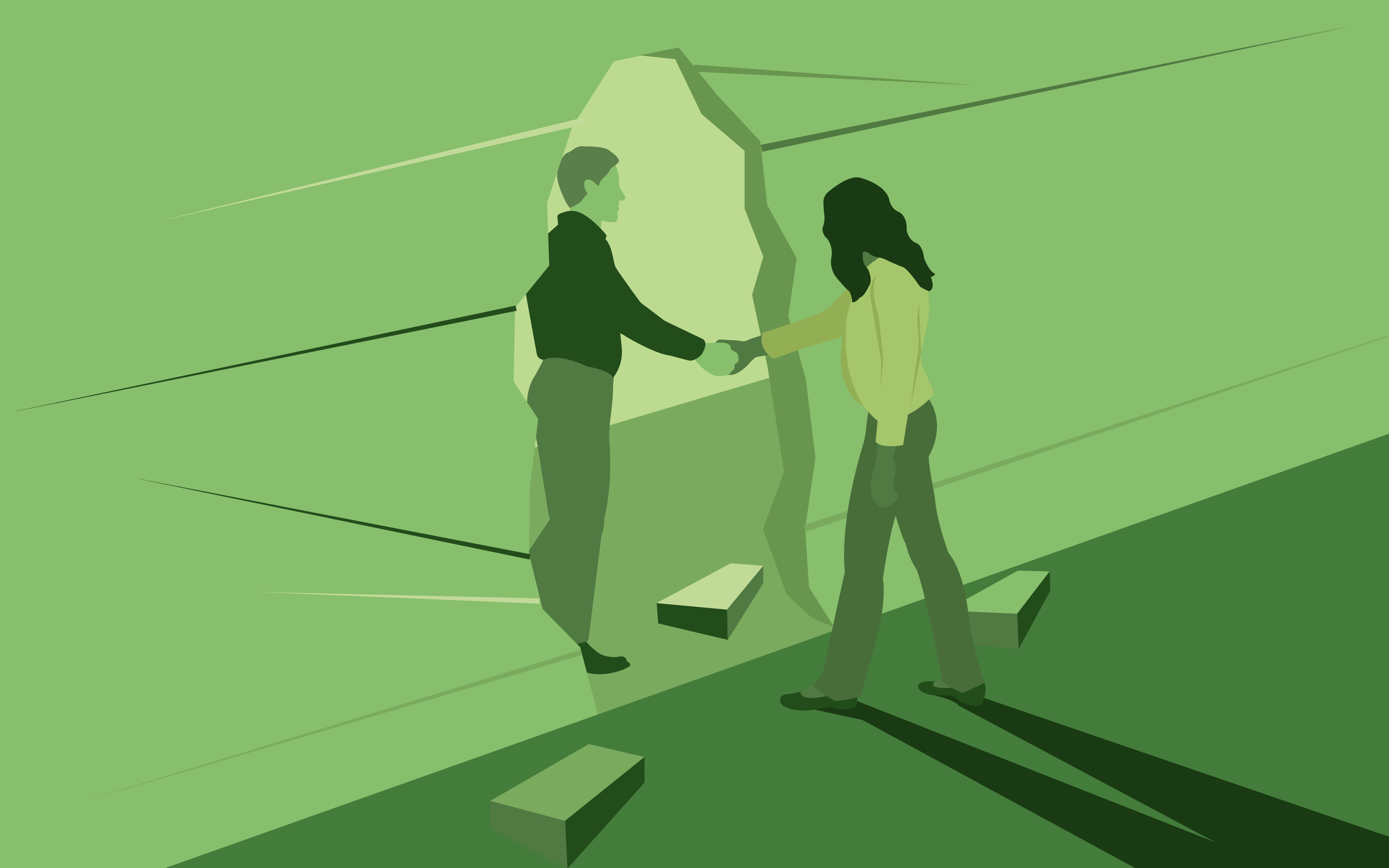 Person reaching through a broken hole in a wall to help another person walk through. Illustration.