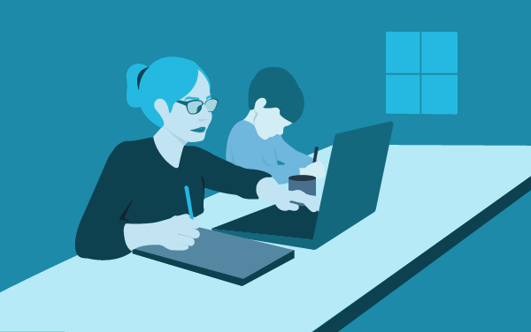 Woman working from laptop next to young son doing homework. Illustration.