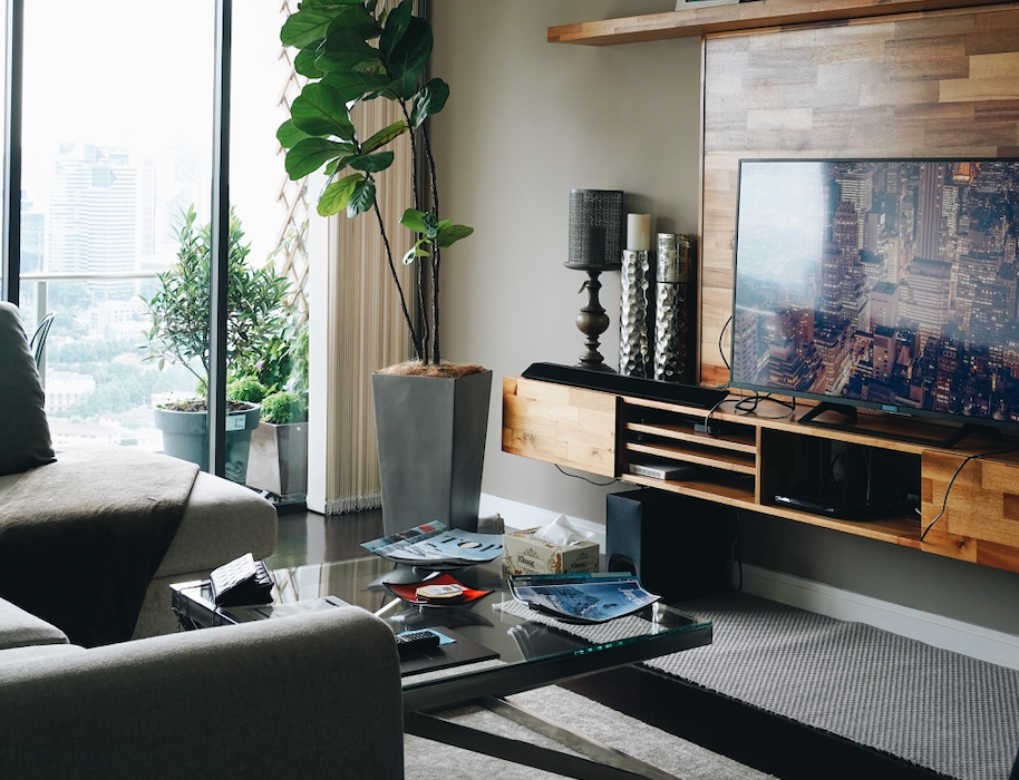 Living room with a large screen tv and a modern couch