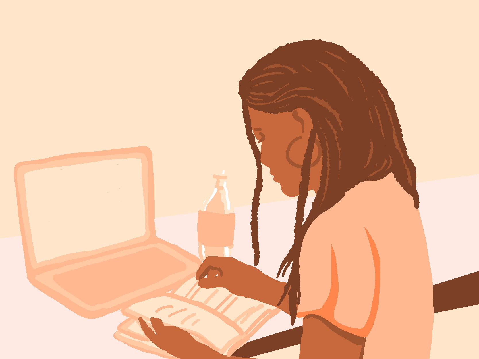 Black woman with braids working at a desk with laptop, notebook, and water bottle