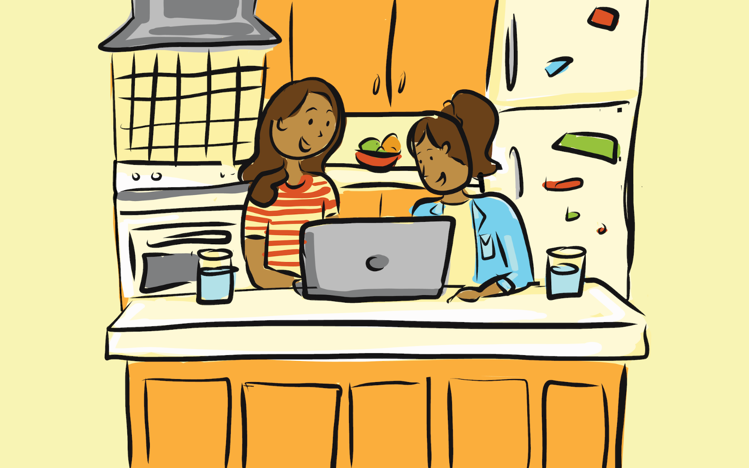 Two sisters on a laptop at the kitchen counter