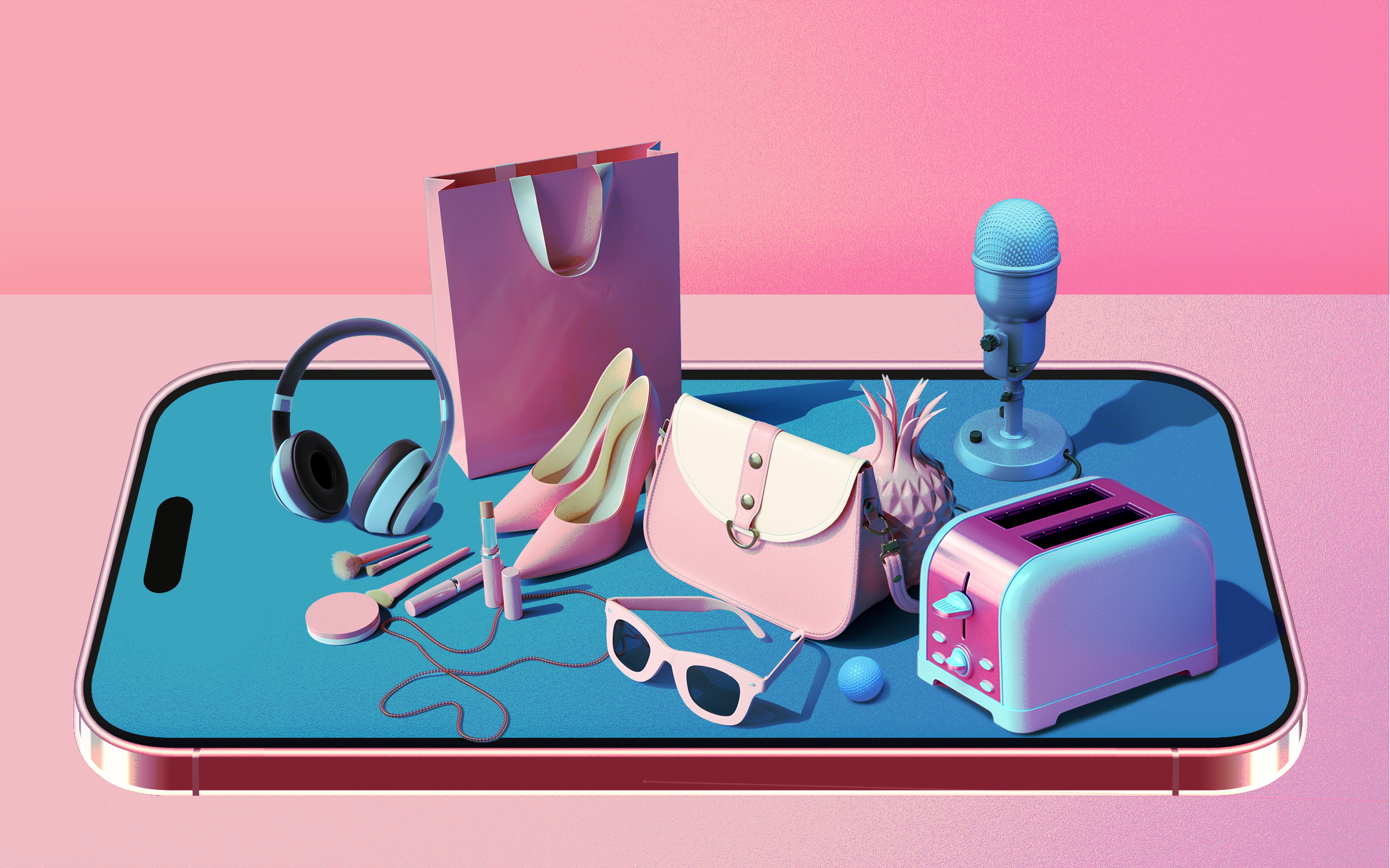 Illustration of various shopping items including shoes, makeup, headphones, a toaster, and a microphone—arranged on top of a large smartphone screen.