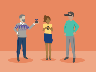 Three people interacting with a smart speaker, VR, and mobile phone