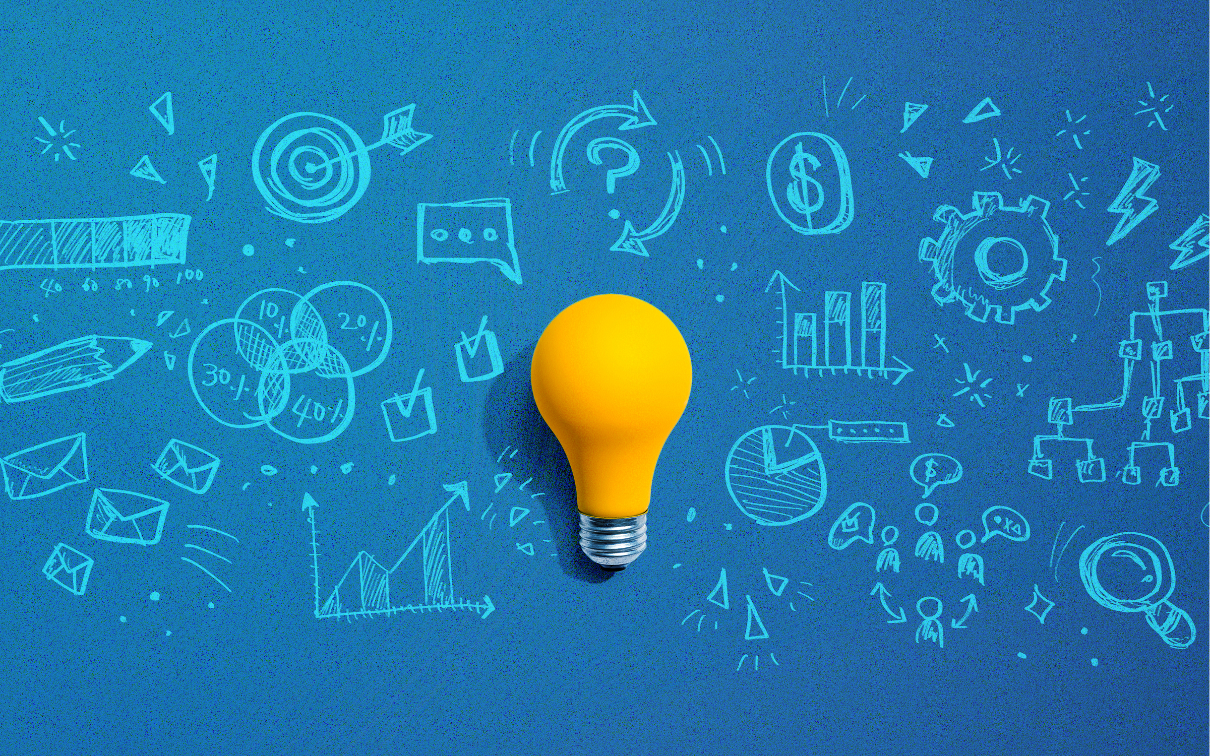 Yellow lightbulb centered on a blue background surrounded by hand-drawn icons representing marketing and research concepts