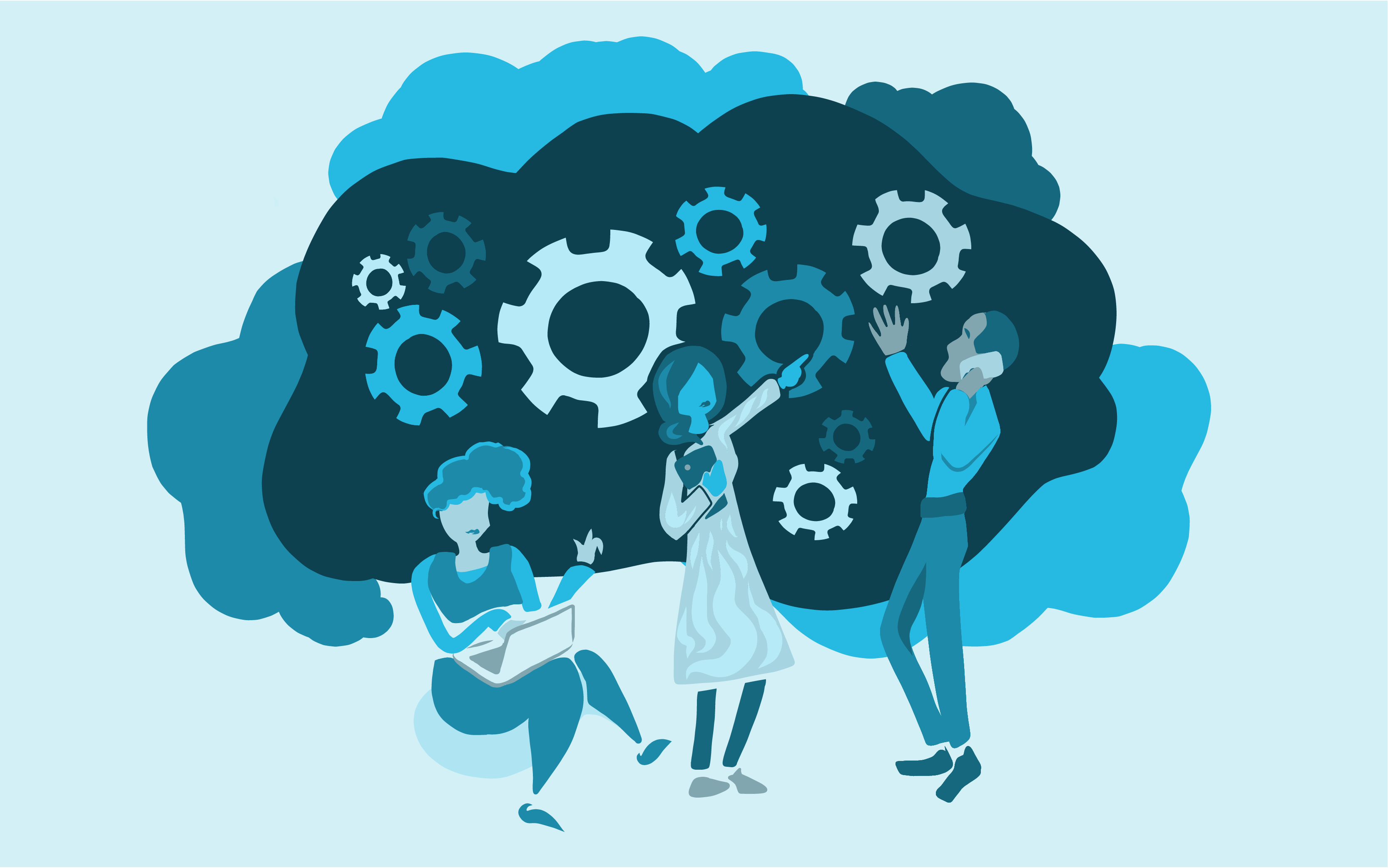 Three employees working together in front of a cloud with gears